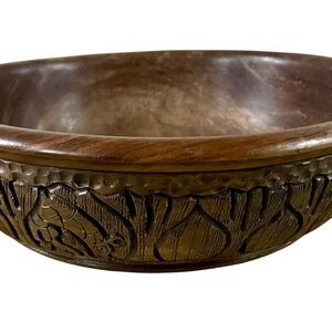 African Hand Carved Wooden Bowl Safari  Animals Decorative Dhallow Dish 10”